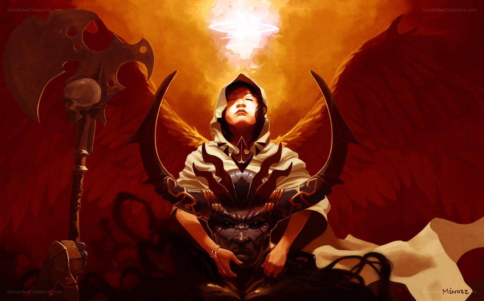 angelic figure with demonic wings