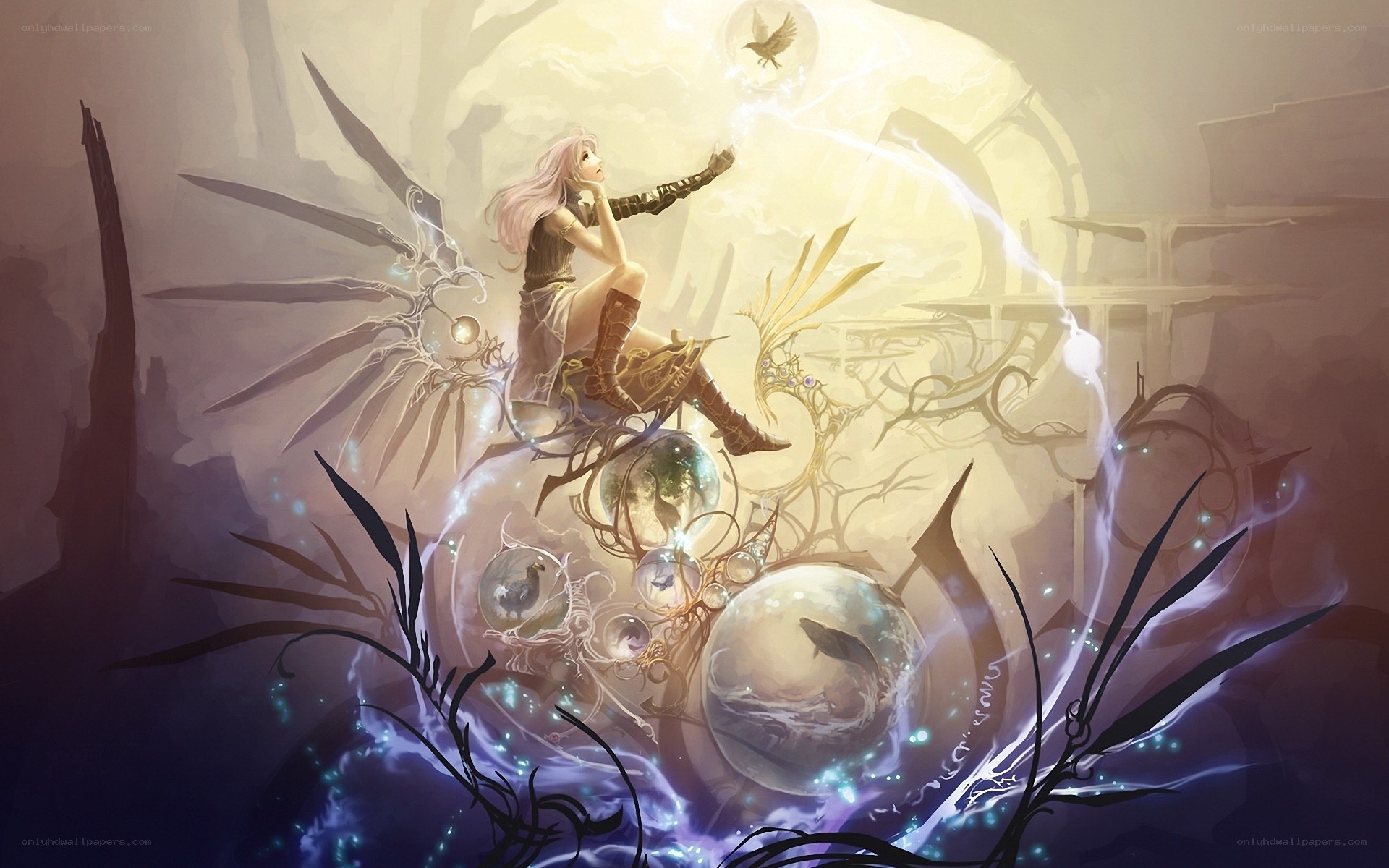 angelic figure with glowing orbs