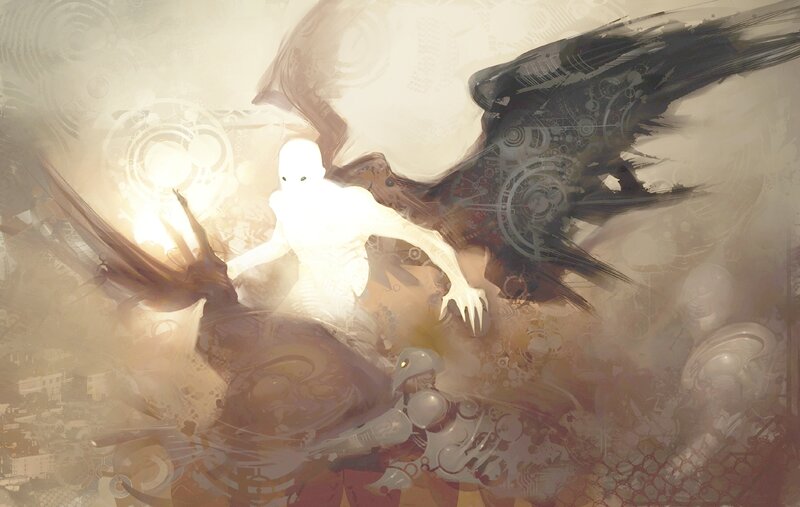 angelic figure with mechanical wings