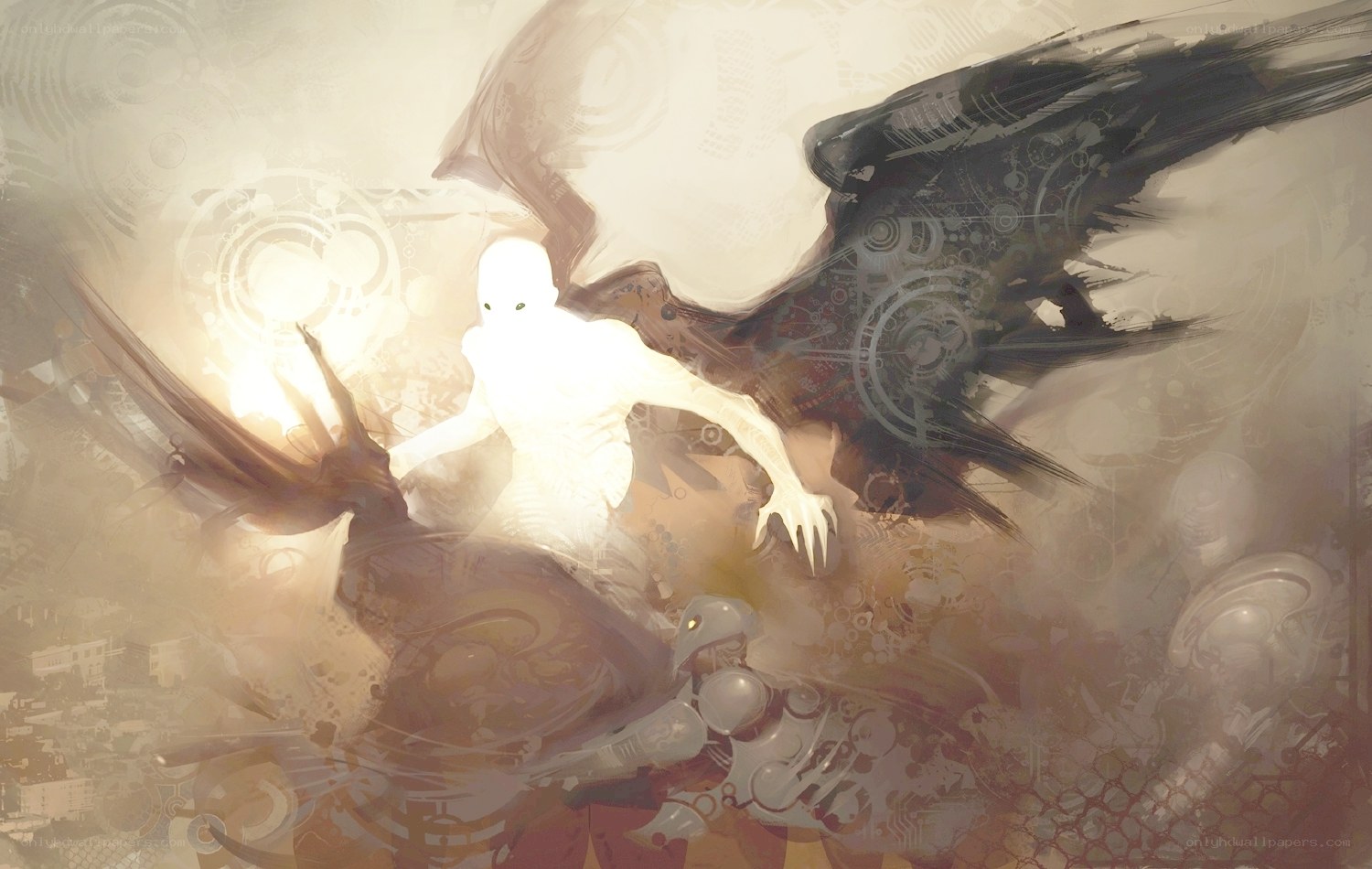 angelic figure with mechanical wings