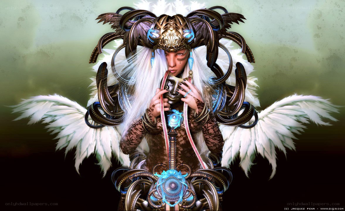 angelic figure with mechanical wings
