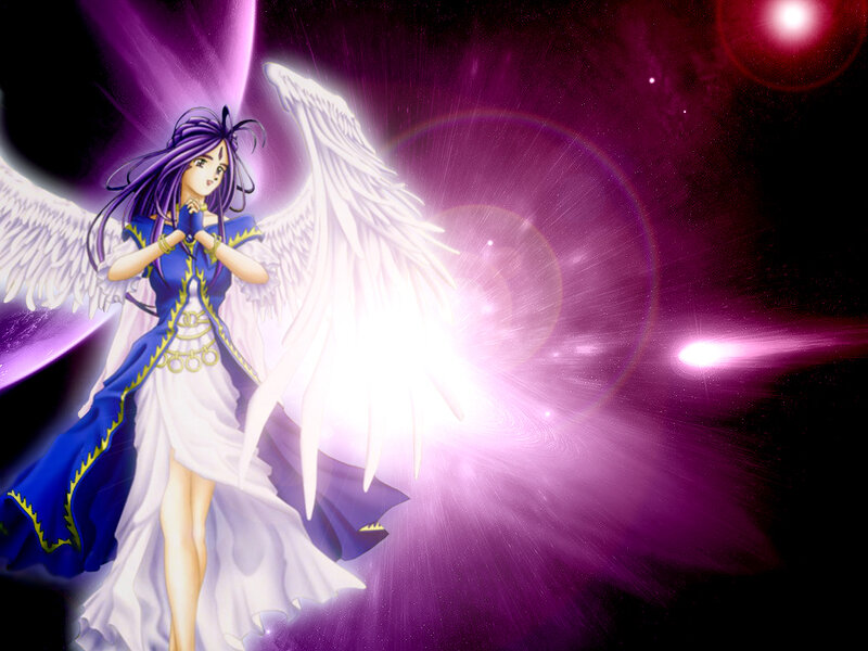 angelic figure with purple hair