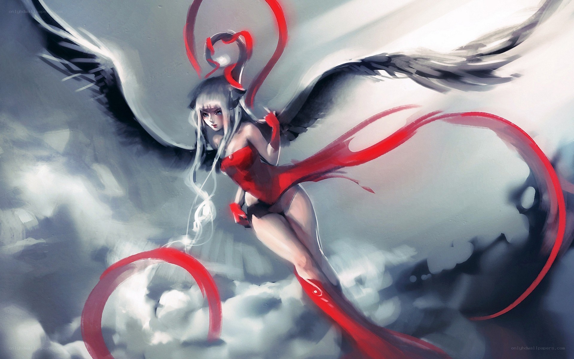 angelic figure with red ribbons