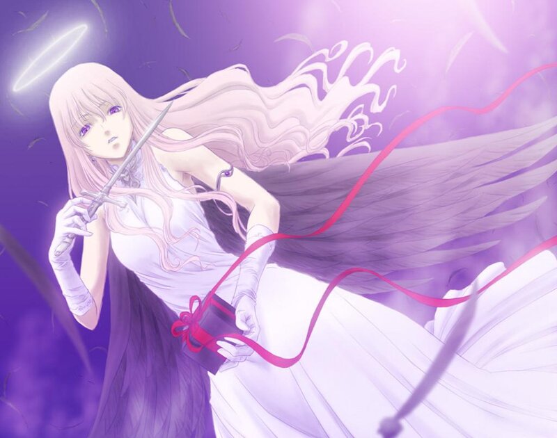 Angelic Figure with Sword — Purple, Dramatic, Anime