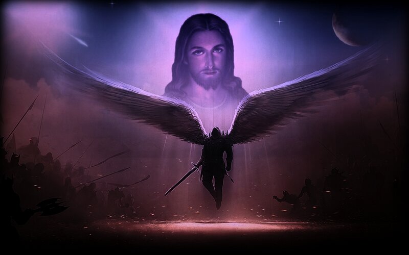 Angelic Figure with Sword — Purple, Dramatic, Intense