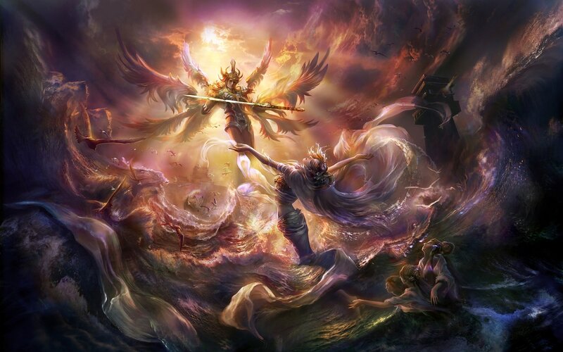 Angelic Figure with Sword — Purple, Dramatic, Sunset