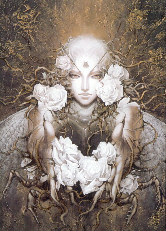 angelic figure with white roses