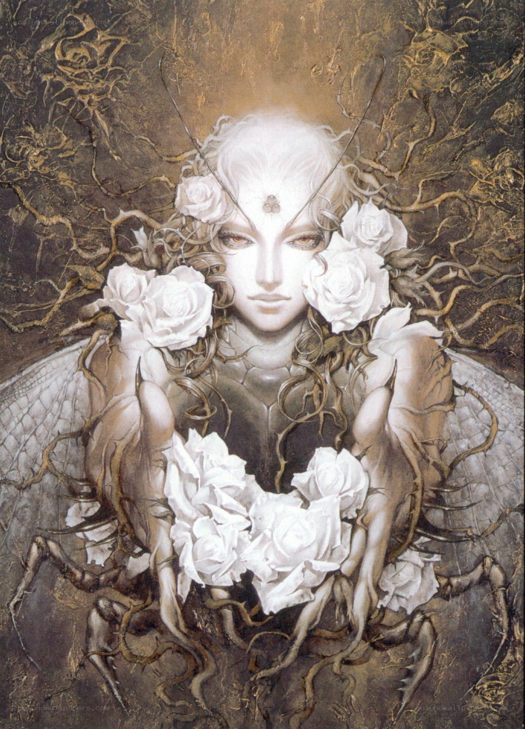 angelic figure with white roses