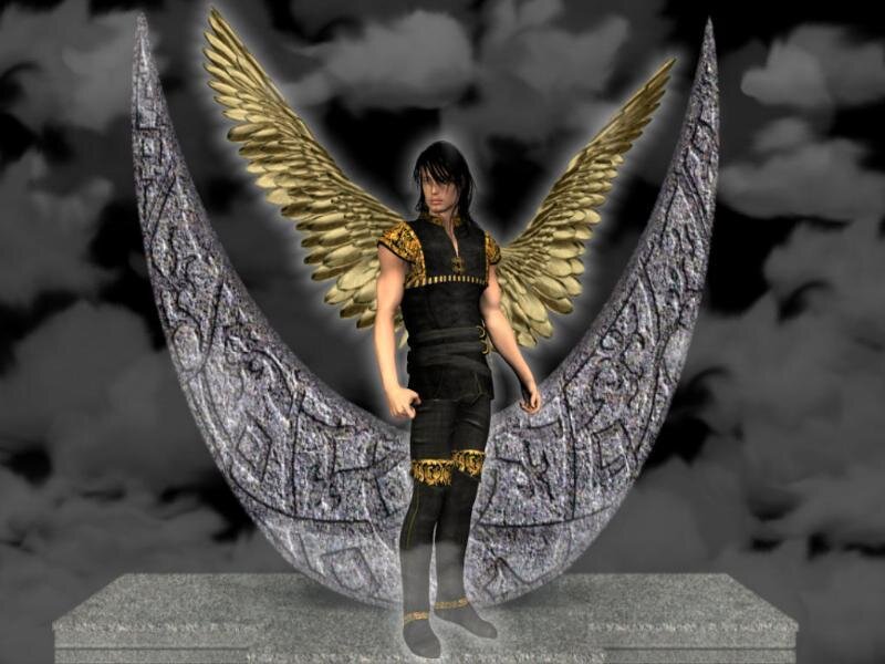 Angelic Figure with Wings — Black, Dramatic, 3d Render, Stone Arches