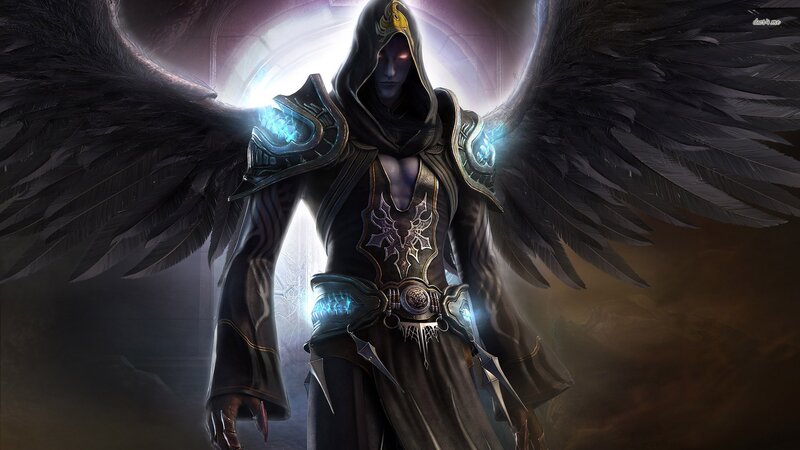 Angelic Figure with Wings — Black, Dramatic, Digital Art, Armor