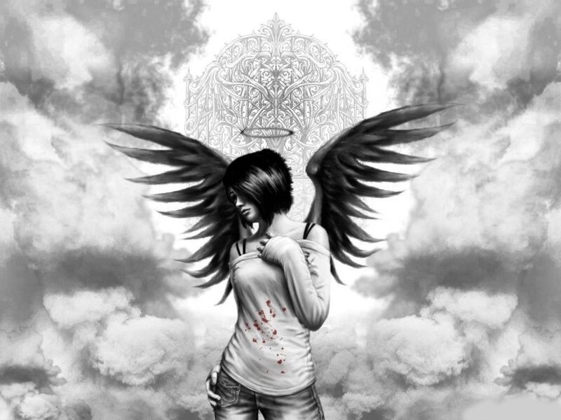 Angelic Figure with Wings — Black, Dramatic, Digital Art, Clouds, Blood