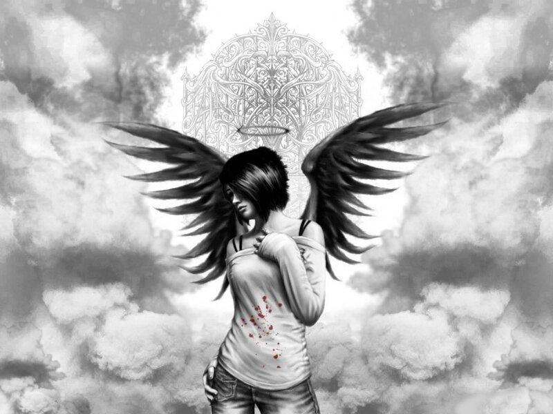 Angelic Figure with Wings — Black, Dramatic, Digital Art, Clouds