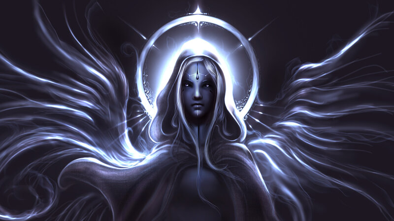 Angelic Figure with Wings — Black, Dramatic, Digital Art, Halo
