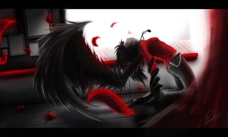 Angelic Figure with Wings — Black, Dramatic, Digital Art, Red Feathers
