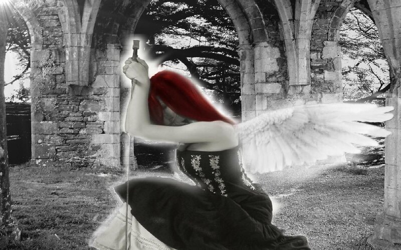 Angelic Figure with Wings — Black, Dramatic, Digital Art, Sword