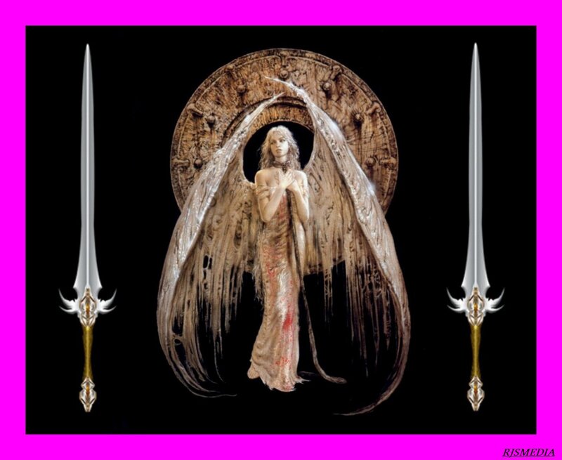 Angelic Figure with Wings — Black, Dramatic, Digital Art, Swords