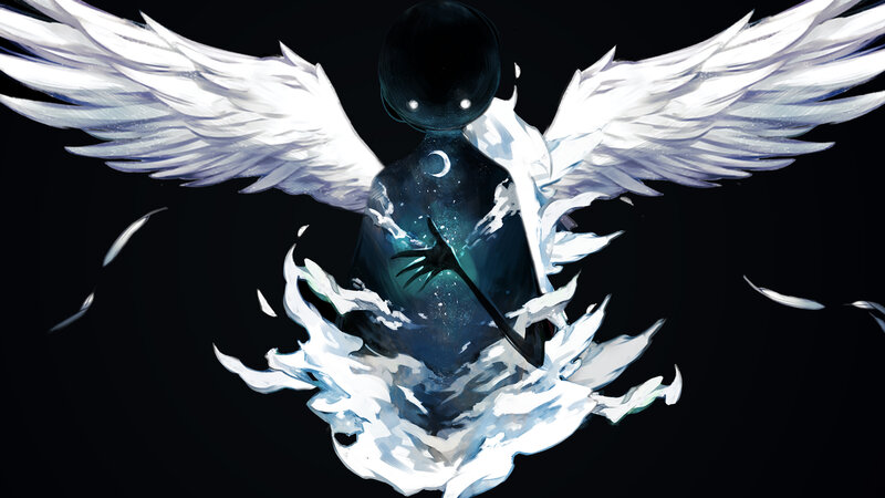 Angelic Figure with Wings — Black, Dramatic, Night, Digital Art, Feathers