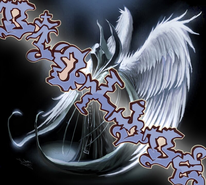 Angelic Figure with Wings — Black, Dramatic, Night, Digital Art, Graffiti Text