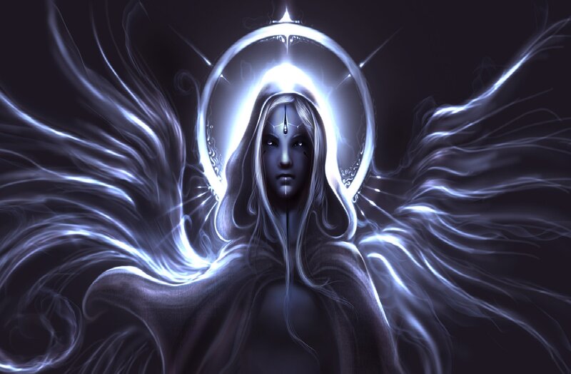 Angelic Figure with Wings — Black, Dramatic, Night, Digital Art, Halo