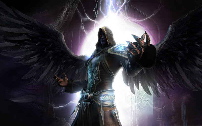 Angelic Figure with Wings — Black, Dramatic, Night, Digital Art, Lightning