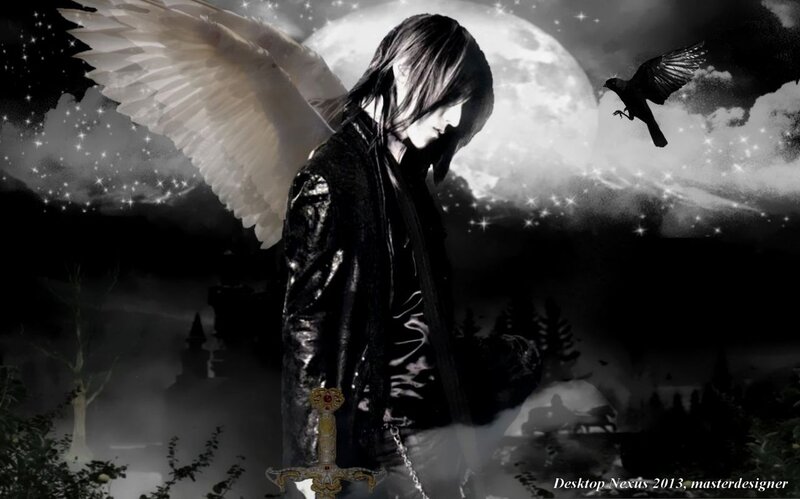 Angelic Figure with Wings — Black, Dramatic, Night, Digital Art, Moon