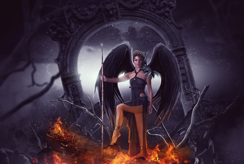 Angelic Figure with Wings — Black, Dramatic, Night, Digital Art, Spear, Fire
