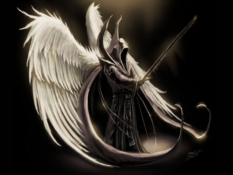 Angelic Figure with Wings — Black, Dramatic, Night, Digital Art, Sword, Cloak