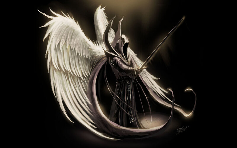 Angelic Figure with Wings — Black, Dramatic, Night, Digital Art, Sword, Dark Robe