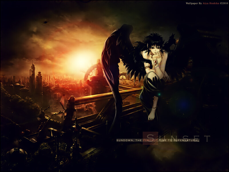 Angelic Figure with Wings — Black, Dramatic, Sunset
