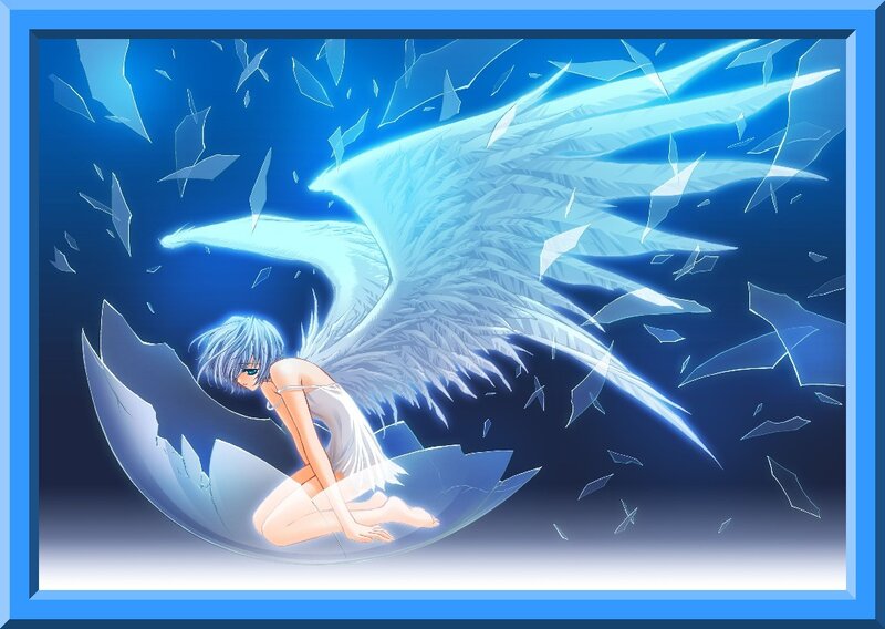 Angelic Figure with Wings — Blue, Dramatic, Anime, Shattered Glass