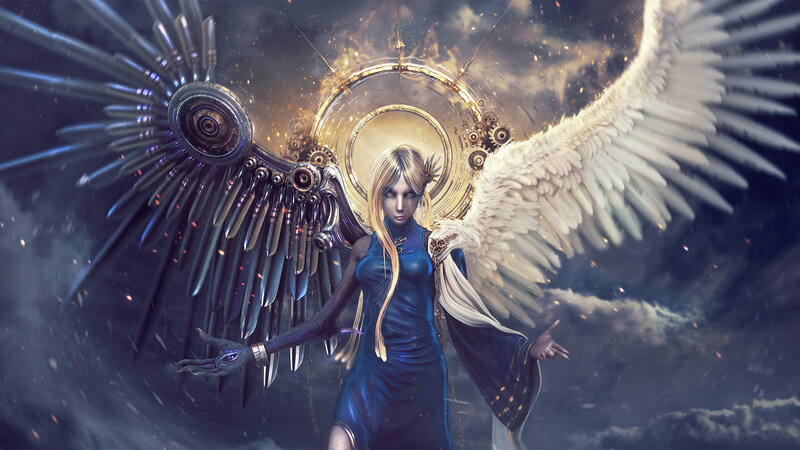 Angelic Figure with Wings — Blue, Dramatic, Digital Art, Mechanical Gear
