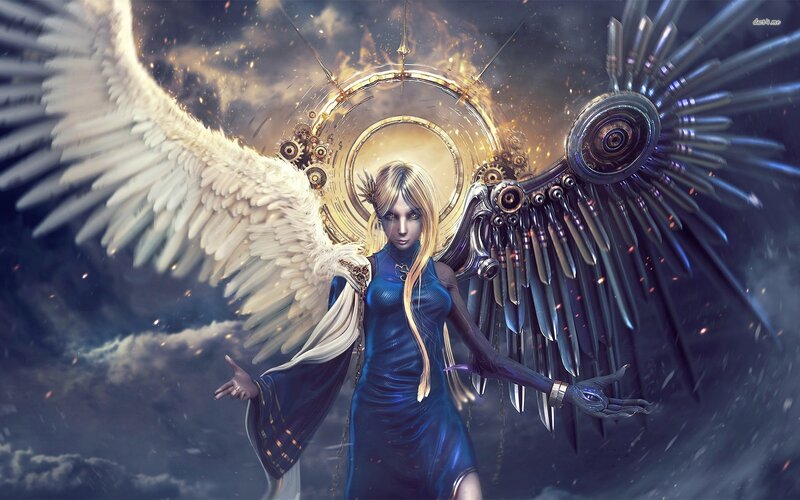 Angelic Figure with Wings — Blue, Dramatic, Digital Art, Mechanical Parts