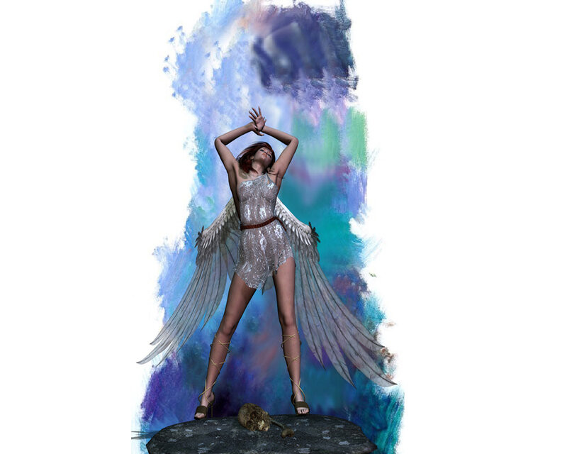 Angelic Figure with Wings — Blue, Dramatic, Digital Art, Skull