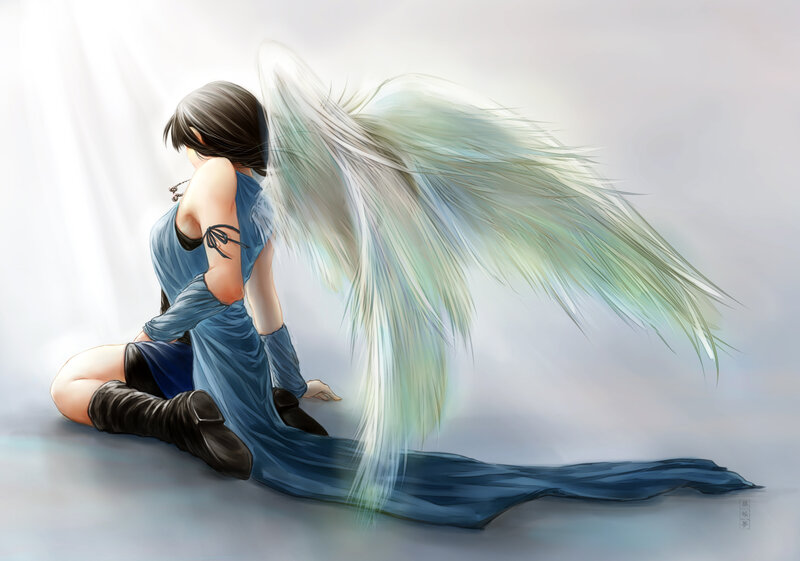 Angelic Figure with Wings — Blue, Serene, Digital Art, Dress
