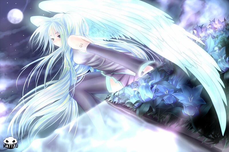 Angelic Figure with Wings — Blue, Serene, Night, Anime
