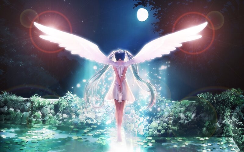 Angelic Figure with Wings — Blue, Serene, Night, Digital Art, Moon, Pond