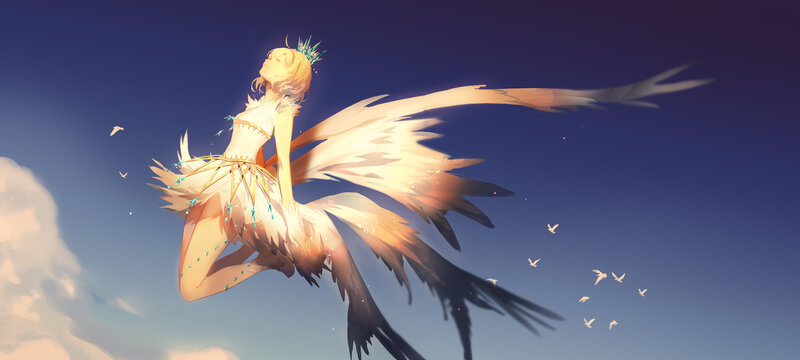 Angelic Figure with Wings — Blue, Serene, Sunset