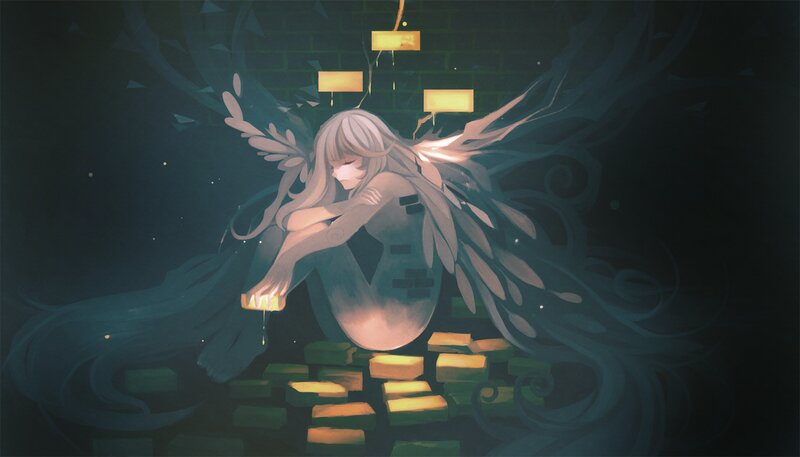 Angelic Figure with Wings — Dark Blue, Dramatic