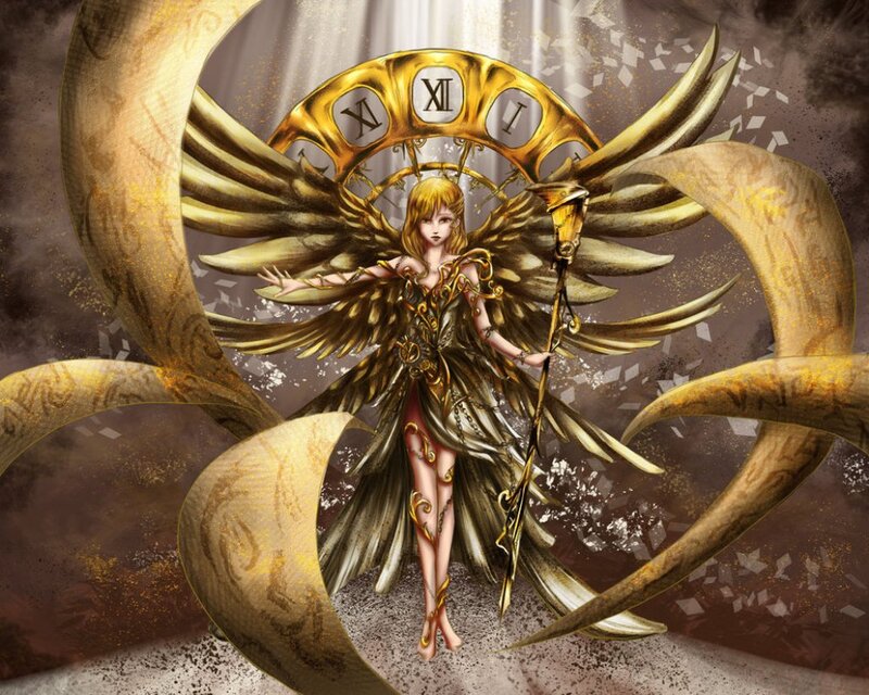 Angelic Figure with Wings — Gold, Dramatic, Digital Art, Clock