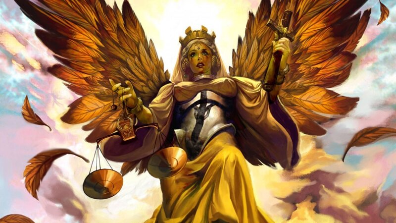 Angelic Figure with Wings — Gold, Dramatic, Digital Art, Scales, Sword, Crown, Brown, White