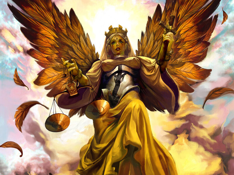 Angelic Figure with Wings — Gold, Dramatic, Digital Art, Scales, Sword