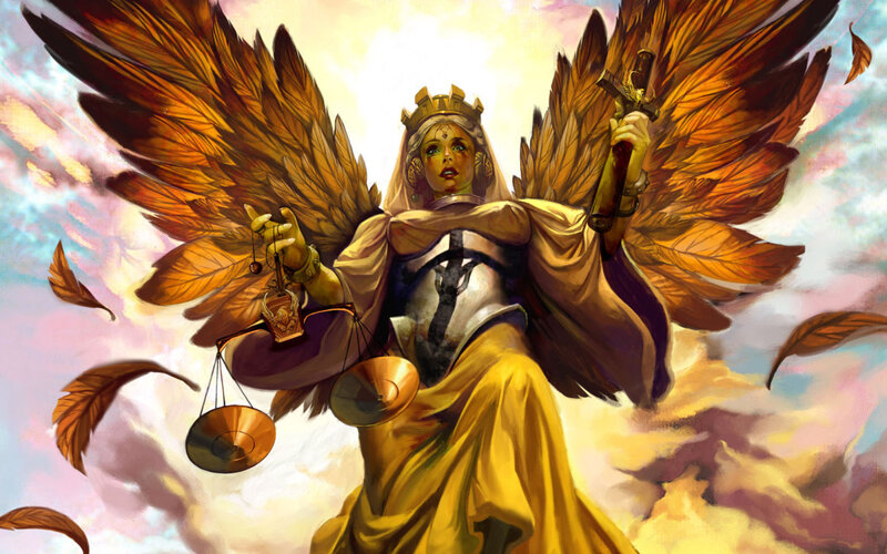 Angelic Figure with Wings — Gold, Dramatic, Sunset, Digital Art, Scales, Sword, Feathers