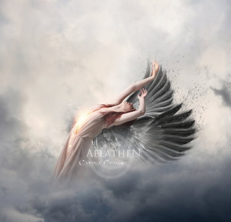 Angelic Figure with Wings — Gray, Dramatic, Digital Art, Clouds