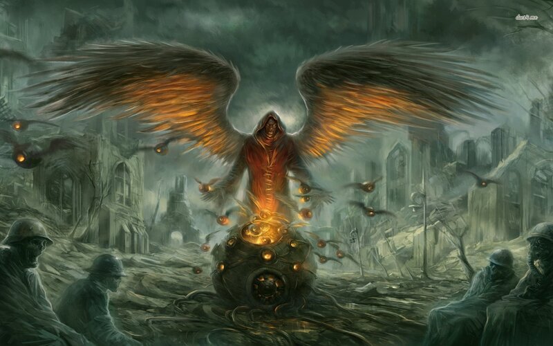 Angelic Figure with Wings — Green, Dramatic, Digital Art, Ruins