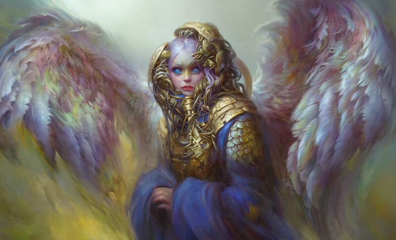 Angelic Figure with Wings — Purple, Dramatic, Digital Art, Armor
