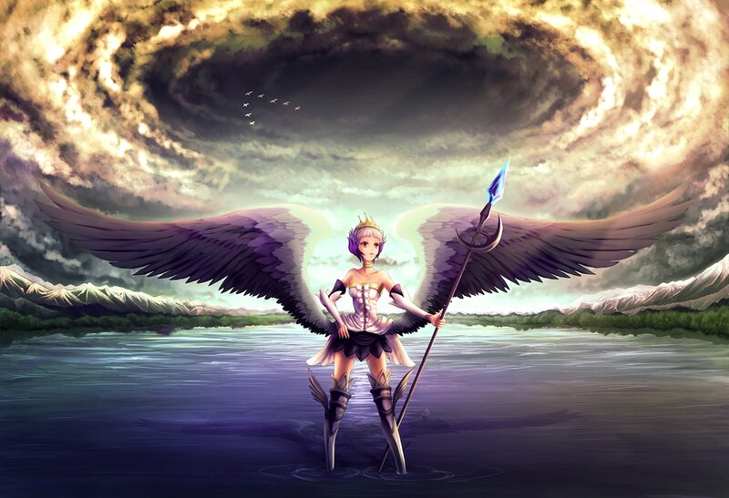 Angelic Figure with Wings — Purple, Dramatic, Digital Art, Spear