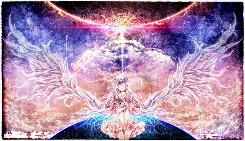 Angelic Figure with Wings — Purple, Dramatic, Night, Digital Art, Stars, Planet, Blue