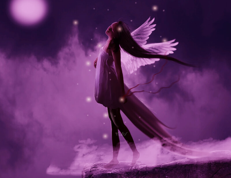 Angelic Figure with Wings — Purple, Serene, Night