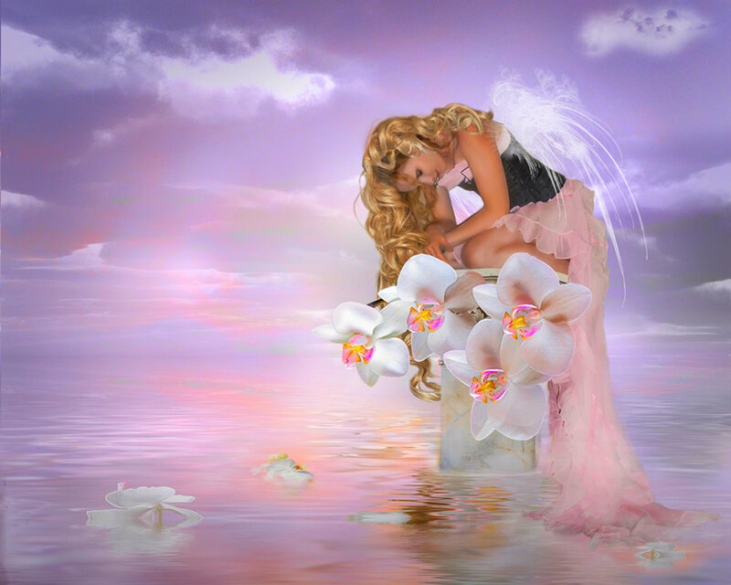 Angelic Figure with Wings — Purple, Serene, Sunset