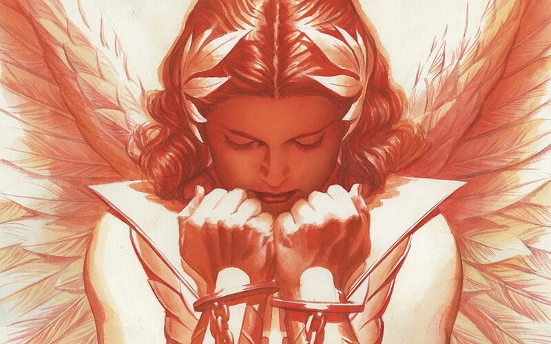 Angelic Figure with Wings — Red, Dramatic, Comic